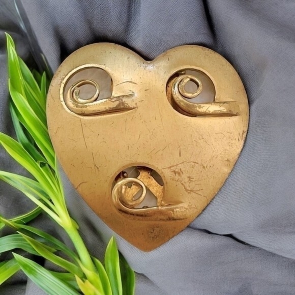 Vintage Gold Tone Heart Scarf Clip Shirt Slides Metal 1.75" Accessory